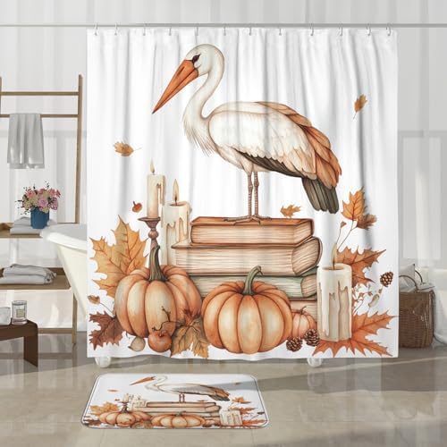 DESIHOM 4PCS Fall Storks Bird Shower Curtain Set with Hooks Non-Slip Rug U Shape Toilet Lid Cover Mat