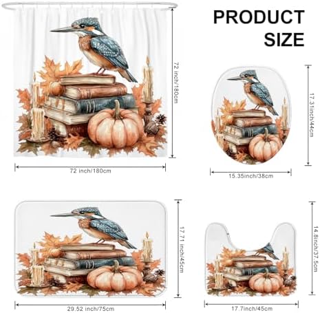 DESIHOM 4PCS Fall Kingfishers Bird Shower Curtain Set with Non-Slip Rug and 12 Hooks