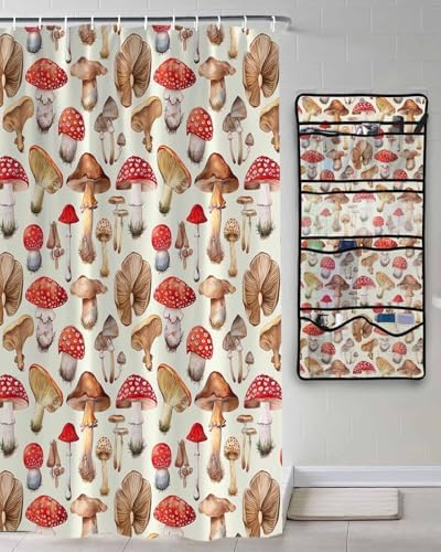 ZFUNCING Vintage Mushroom Watercolor Plant Shower Curtain Set with Hooks