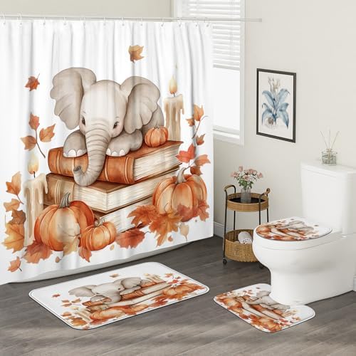 4PCS Fall Elephants Pumpkins Shower Curtain Set with Hooks and Non-Slip Rug