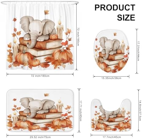 4PCS Fall Elephants Pumpkins Shower Curtain Set with Hooks and Non-Slip Rug