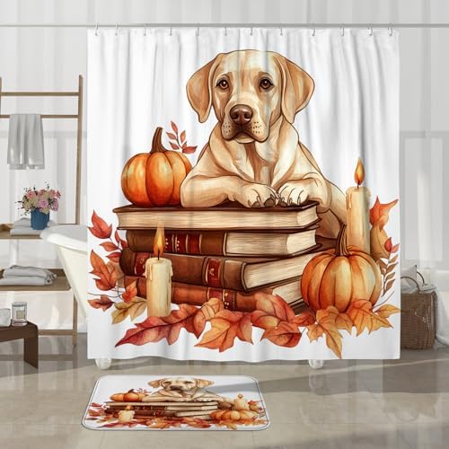 DESIHOM 4PCS Fall Dog Shower Curtain Set with Non-Slip Rug and Hooks