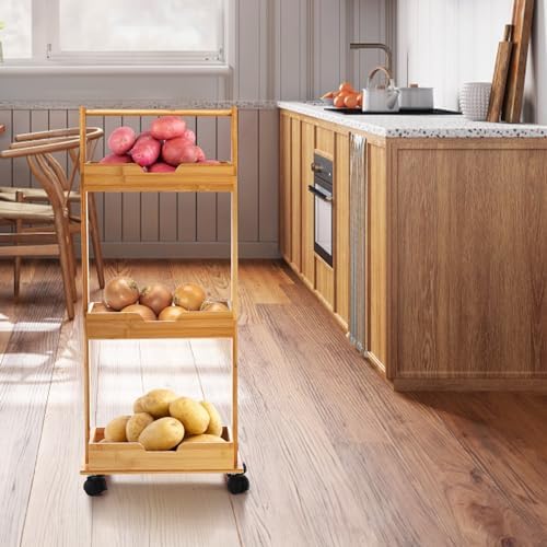 Lyellfe 3-Tier Bamboo Shower Caddy Stand with Wheels