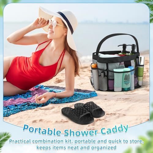 2 Pcs Mesh Shower Caddy and Non-Slip Slippers for Dorm Beach Pool Gym