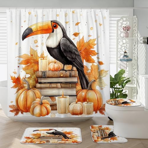 DESIHOM 4PCS Fall Toucan Bird Shower Curtain Set with Hooks and Bath Mat