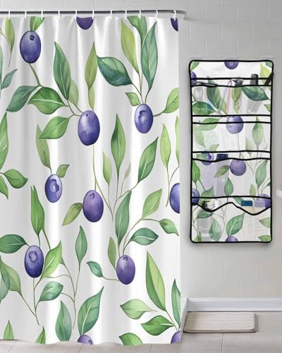 Watercolor Blueberry Leaf Shower Curtain Organizer Set
