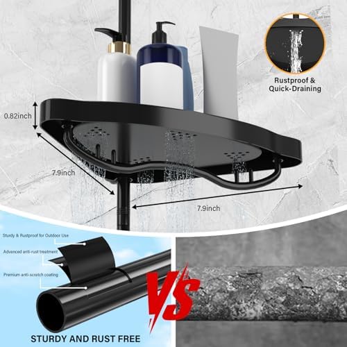 Black Corner Shower Caddy Tension Pole - Heavy Duty Rustproof Stainless Steel Organizer with 4 Adjustable Shelves