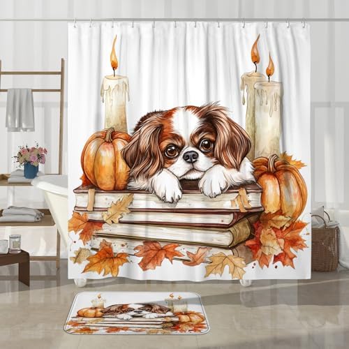 DESIHOM 4PCS Fall Japanese Chin Dog Shower Curtain Set with Non-Slip Rug and Toilet Lid Cover Mat