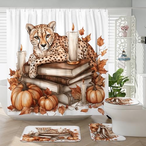 4PCS Fall Leopards Pumpkins Shower Curtain Set with Non-Slip Rug and Toilet Lid Cover Mat
