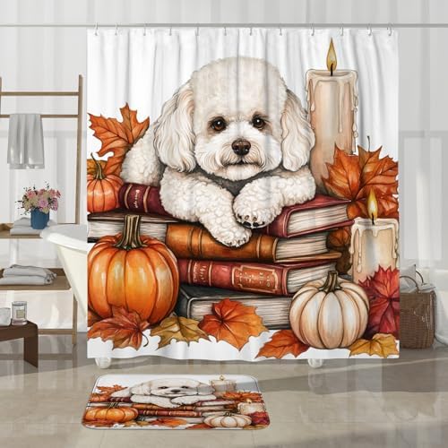 DESIHOM 4PCS Fall Bichon Frise Dog Shower Curtain Set with Non-Slip Rug and Toilet Lid Cover Mat