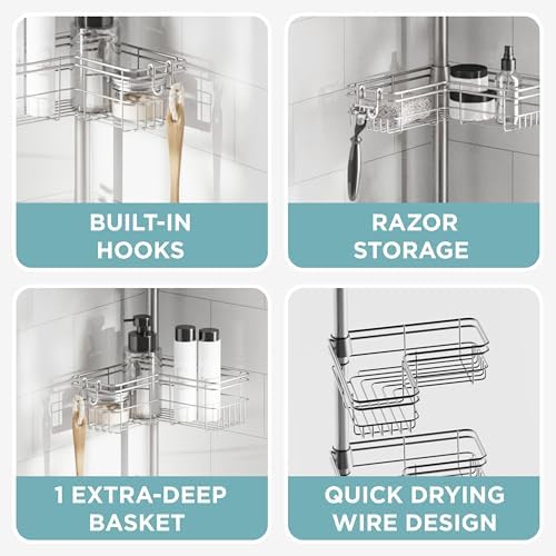 Zenna Home Tension Pole Shower Caddy with 4 Baskets and Hooks