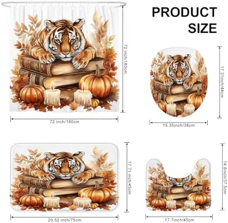 4PCS Fall Tigers Pumpkins Shower Curtain Set with Non-Slip Rug and Toilet Lid Cover Mat