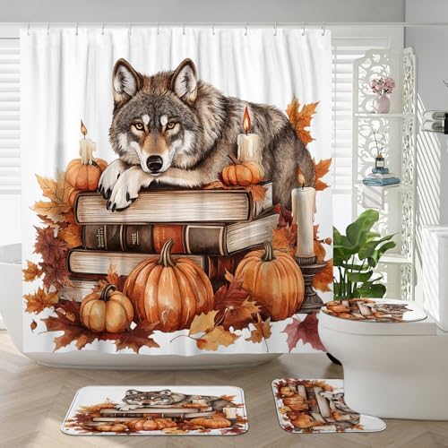 4PCS Fall Wolf Pumpkins Shower Curtain Set with Non-Slip Rug and Toilet Lid Cover Mat