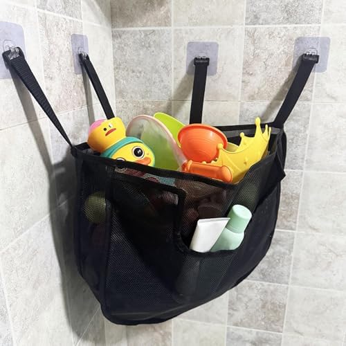 Bath Toy Organizer with Adhesive Hooks and Side Pockets