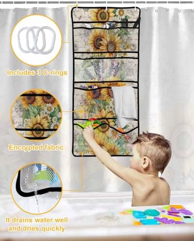 Watercolor Sunflower Lavender Shower Curtain Set with 10 Pockets