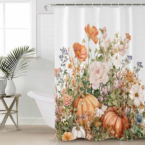 Thanksgiving Flowers Pumpkin Shower Curtain Set 4 Pcs