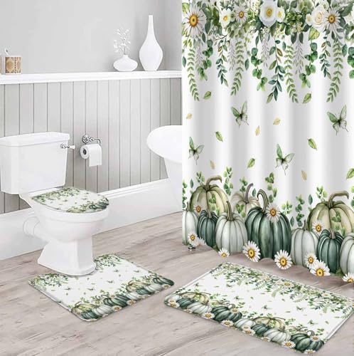 Green Pumpkin 4 Pcs Shower Curtain Set with Rugs