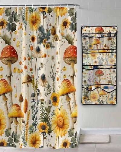 ZFUNCING Shower Curtain Set with Mesh Organizer and Hooks
