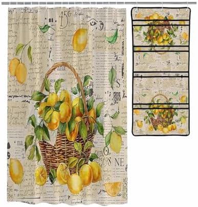 Yellow Lemon Green Leaf Shower Curtain Organizer Set with Hooks