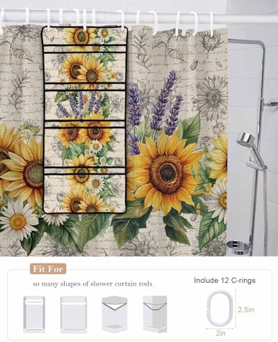 Watercolor Sunflower Lavender Shower Curtain Set with 10 Pockets
