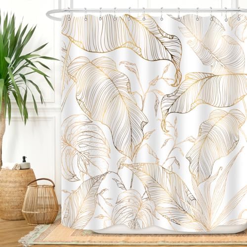 White Gold Tropical Palm Shower Curtain Set with Hooks