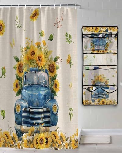 ZFUNCING Shower Curtain Set with Mesh Organizer and 10 Pockets