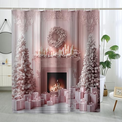 DESIHOM Christmas Tree Fireplace Pink Shower Curtain Set - 72 Inch