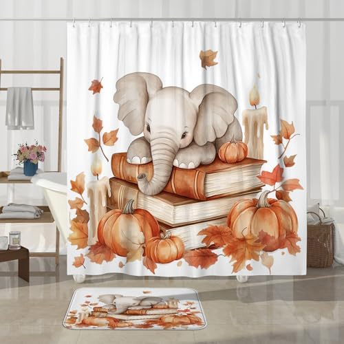 4PCS Fall Elephants Pumpkins Shower Curtain Set with Hooks and Non-Slip Rug