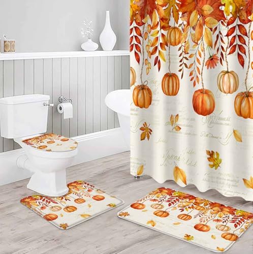 Thanksgiving Orange Pumpkin Shower Curtain Set with Non-Slip Rugs