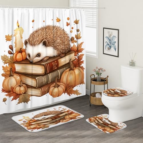 DESIHOM 4PCS Fall Hedgehog Shower Curtain Set with Hooks Bath Mat U Shape and Toilet Lid Cover Mat