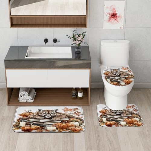 4PCS Fall Cougar Pumpkins Shower Curtain Set with Non-Slip Rug and Toilet Lid Cover Mat