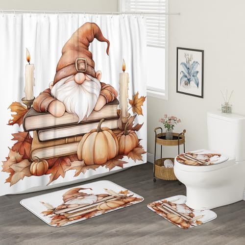 DESIHOM 4PCS Fall Gnome Shower Curtain Set with Non-Slip Rug and Toilet Lid Cover Mat