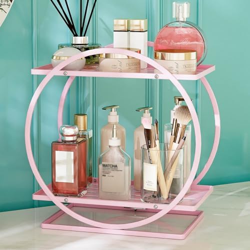 Pink Perfume Organizer for Vanity 2-Tier Bathroom Storage Shelf Large Capacity Metal Skincare Display Stand