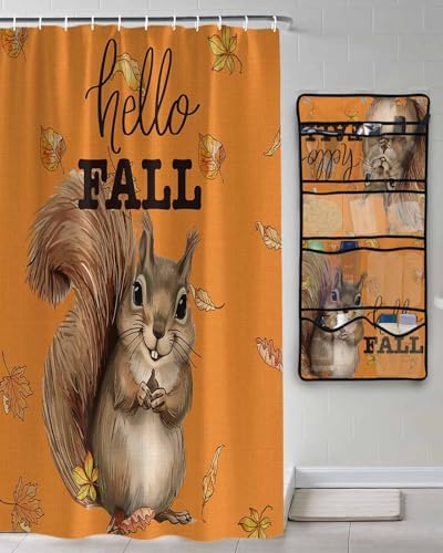 Autumn Squirrel Shower Curtain Set with 10 Pockets and Hooks