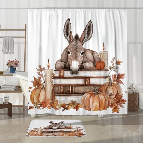DESIHOM 4PCS Fall Donkey Shower Curtain Set 72x72 with Hooks