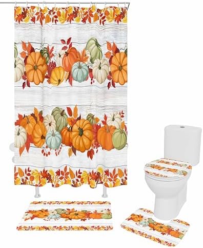 Thanksgiving Pumpkin 4 Piece Shower Curtain Set with Non-Slip Rugs