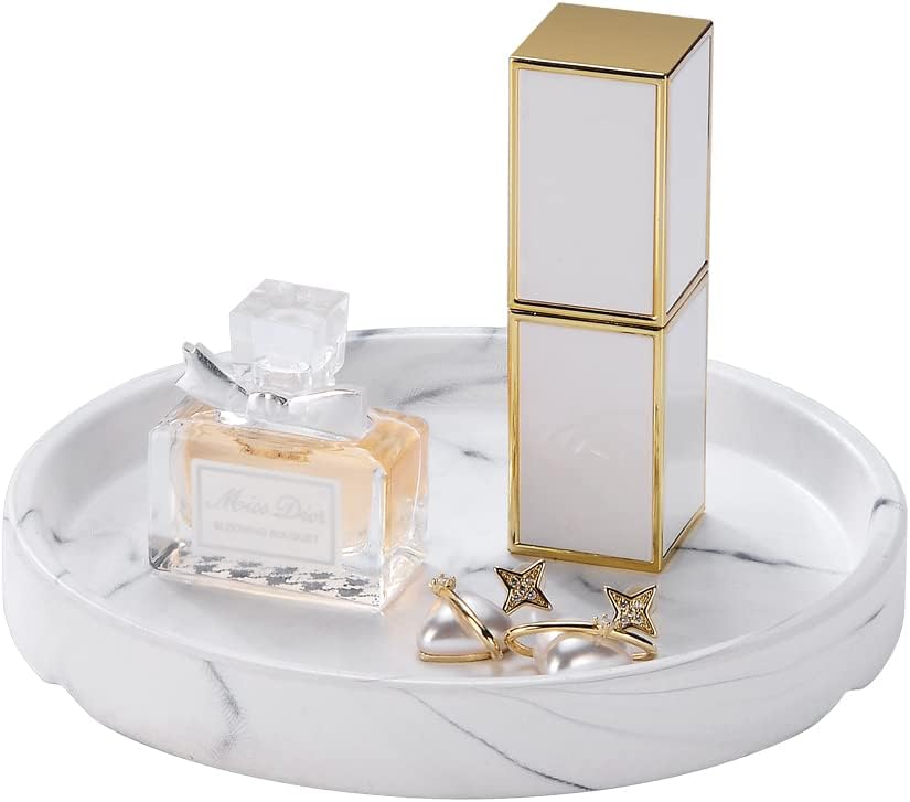 Elegant Marbled Round Jewelry Dish Key Holder White Ceramic Vanity Tray for Bathroom Organizer