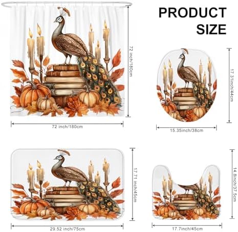 DESIHOM 4PCS Fall Peacock Shower Curtain Set with Hooks Non-Slip Rug and Toilet Lid Cover Mat