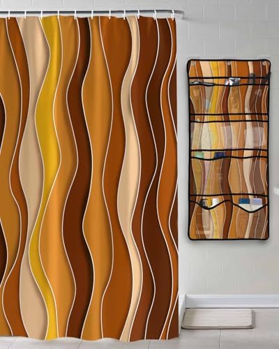 Modern Orange Gradient Shower Curtain with 10 Pocket Organizer Set