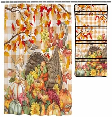 Waterproof Shower Curtain with 10 Pockets and Hanging Organizer
