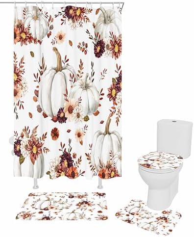 White Pumpkin 4 Pc Shower Curtain Set with Non-Slip Mats and Rugs