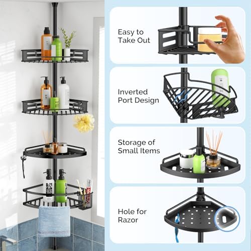 HAMITOR Corner Shower Caddy Tension Pole 4-Tier Black