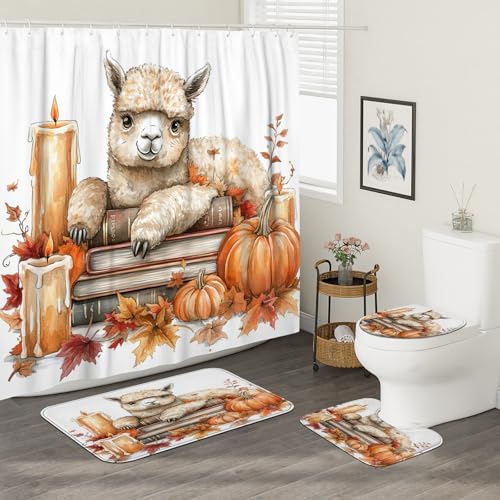 DESIHOM 4PCS Fall Alpaca Llama Shower Curtain Set with Non-Slip Rug and Toilet Lid Cover Mat