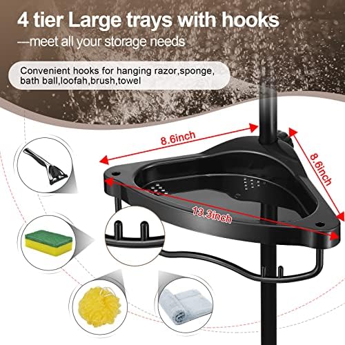 Corner Shower Caddy Tension Pole - 4 Shelves Heavy Duty Floor to Ceiling Organizer Black