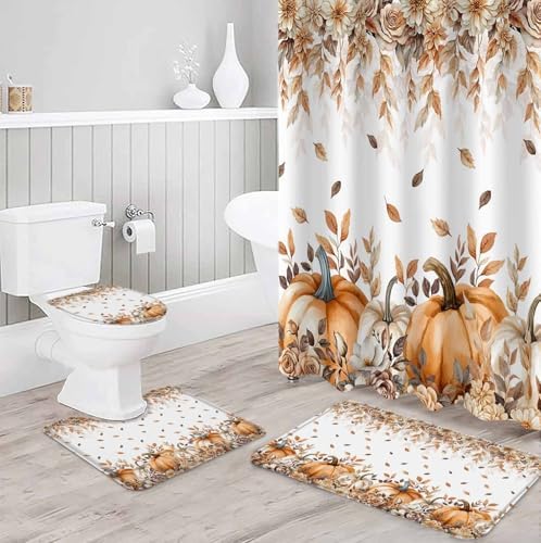 Thanksgiving Pumpkin Shower Curtain Set 4 Pcs Waterproof Fall Decor