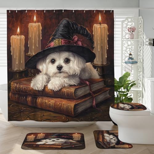 4PCS Halloween Witch Maltese Dog Bath Set with Non-Slip Rug