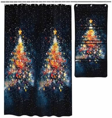 Christmas Tree Colorful Star Shower Curtain Set with 10 Pockets
