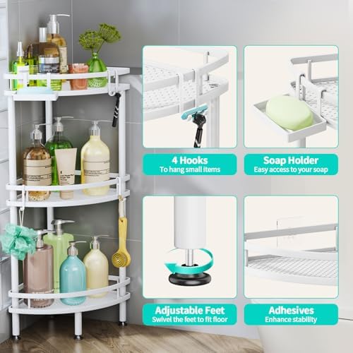 HapiRm 3 Tier Corner Shower Organizer with 4 Hooks and Soap Holder