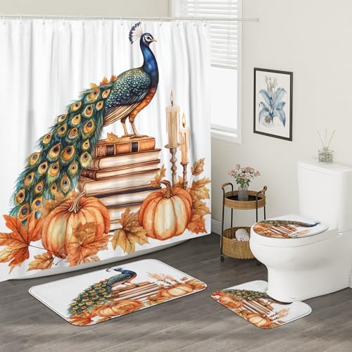 DESIHOM 4PCS Fall Peacock Shower Curtain Set with Hooks Non-Slip Rug U Shape and Toilet Lid Cover Mat
