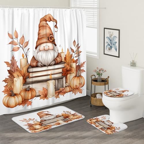 DESIHOM 4PCS Fall Gnome Shower Curtain Set with Hooks and Accessories